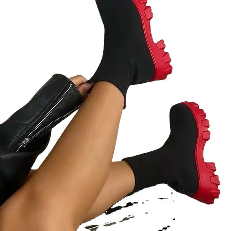 Damen Strick-Sock-Boots mit elastischem Schaft und kontrastierender Profilplateau-Sohle Shop Nory