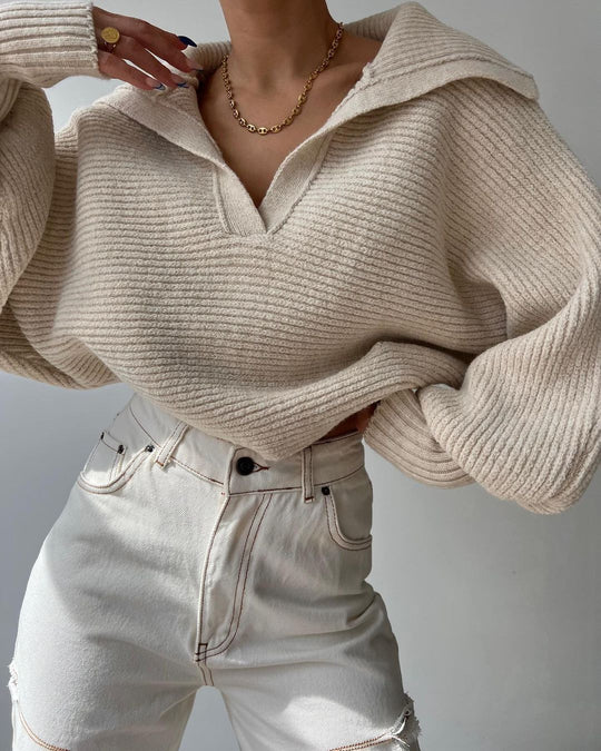 Damen Oversize Rippsweater mit Reverskragen und tiefem V‑Ausschnitt Shop Nory