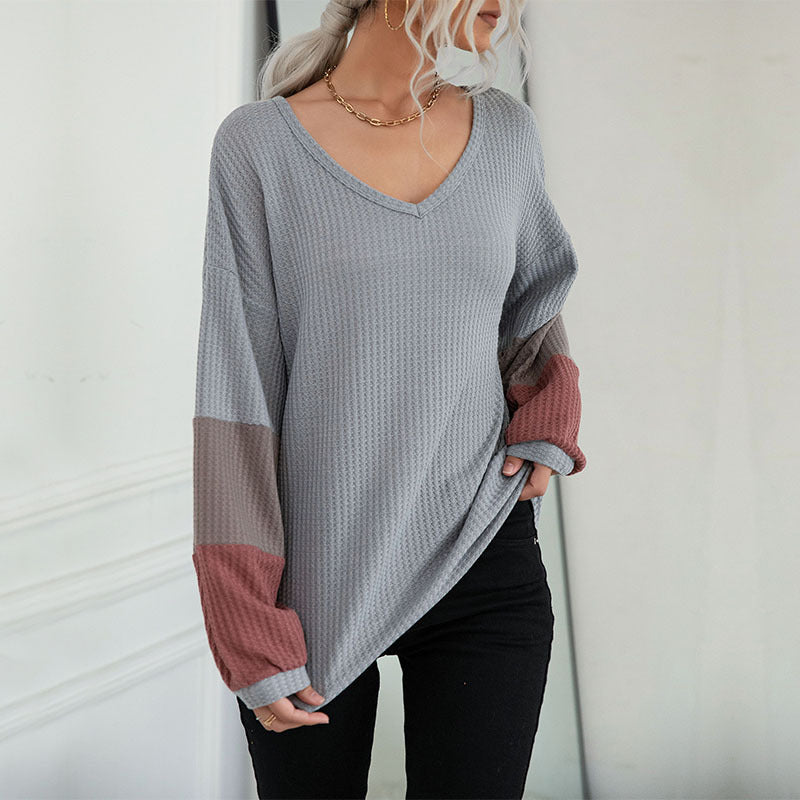 Damen Legeres Waffelstrick-Tunika-Shirt mit V‑Ausschnitt und Colorblock-Ärmeln Shop Nory