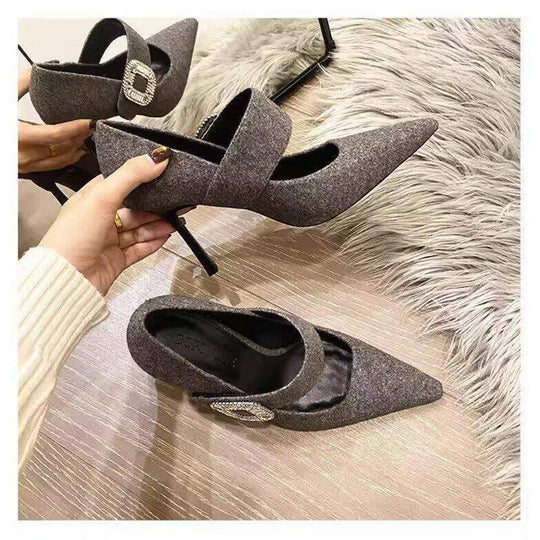 Damen Elegante spitz zulaufende Mary-Jane-Pumps mit Wollfilz-Optik, schmalem Stiletto und Kristall-Schnalle Shop Nory