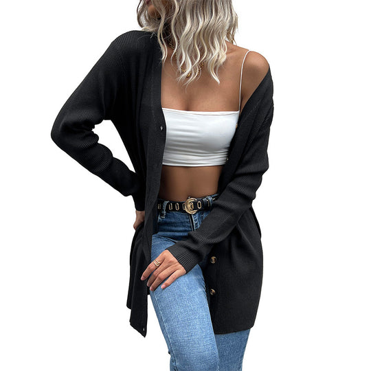 Damen Lange gerippte Strickjacke mit Knopfleiste und V-Ausschnitt Shop Nory