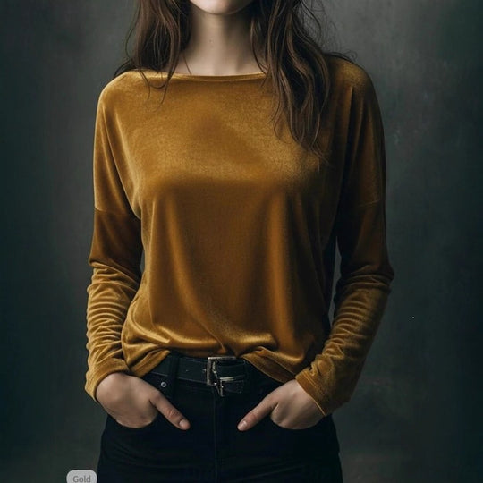 Damen Feines Velours-Langarmshirt mit U-Boot-Ausschnitt und kastiger Silhouette Shop Nory