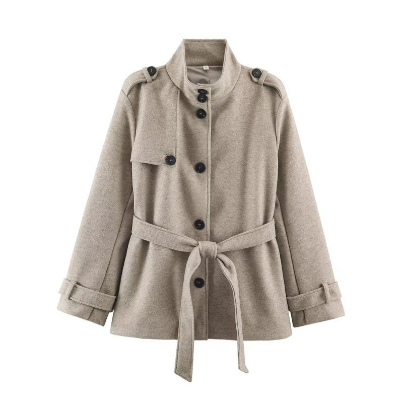 Damen Kurzer taillierter Mantel mit Stehkragen, Schulterriegeln und Bindegürtel Shop Nory