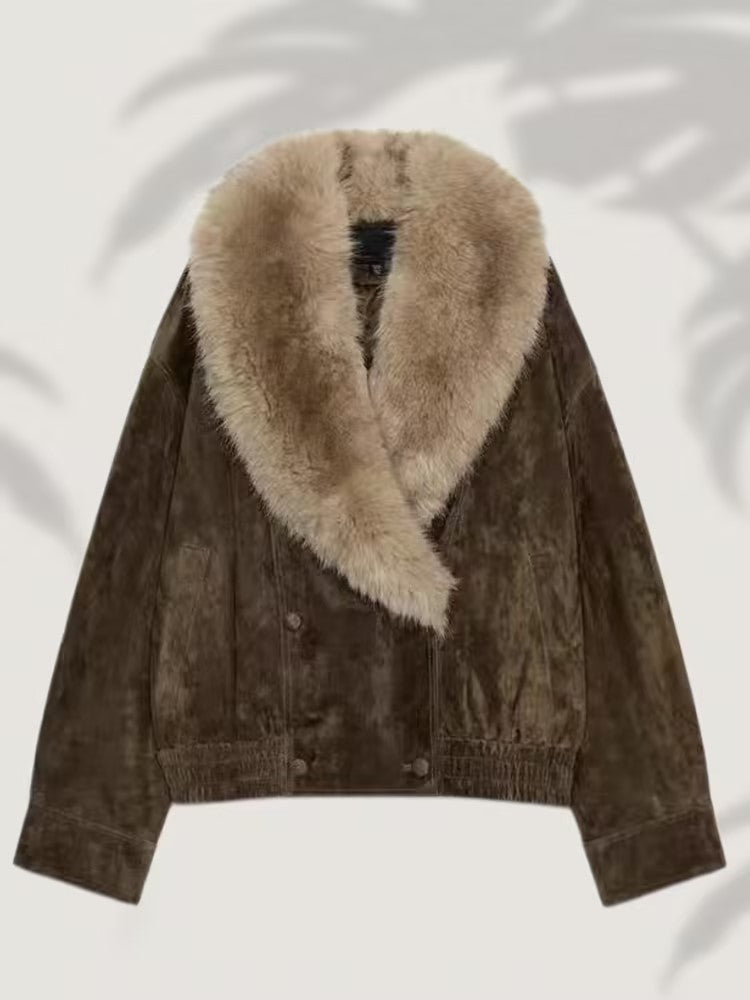 Damen Kurz geschnittene Wildlederjacke im Bomberstil mit luxuriösem Pelzkragen Shop Nory