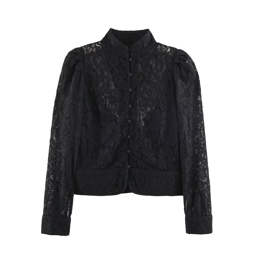 Damen kurz geschnittene transparente Spitzenbluse mit Stehkragen, Stoffknoopfleiste und gerafften Puffärmeln Shop Nory