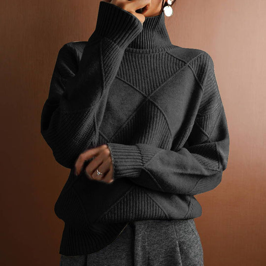 Damen nan weit geschnittener Strickpullover mit hohem Rollkragen und Rautenmuster Shop Nory