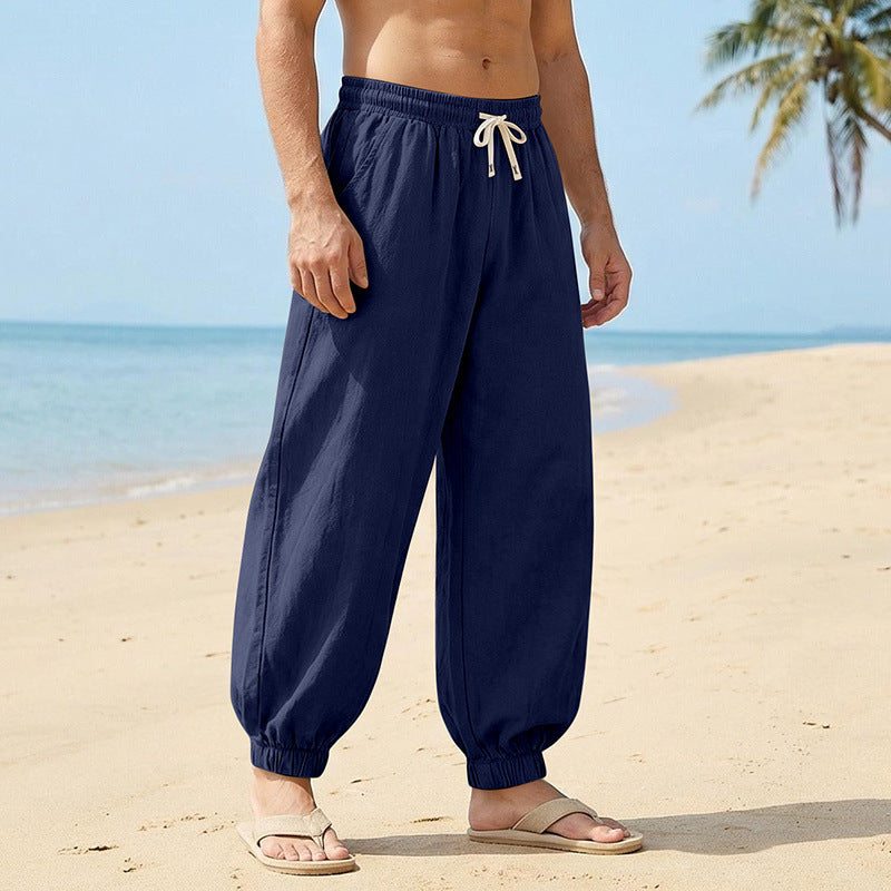 Herren Weite Leinenoptik-Strandhose mit Kordelzug, elastischem Bund und gerafften Beinabschlüssen Shop Nory