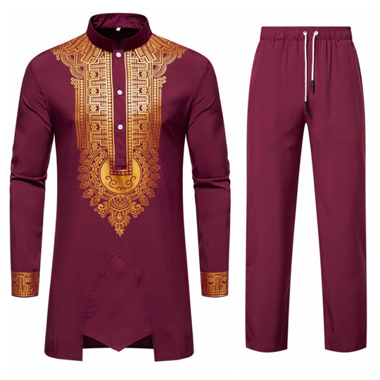Herren Traditionelles Tunika-Set mit Stehkragen und goldfarbenem Ornamentdruck, Longshirt & Tunnelzughose Shop Nory