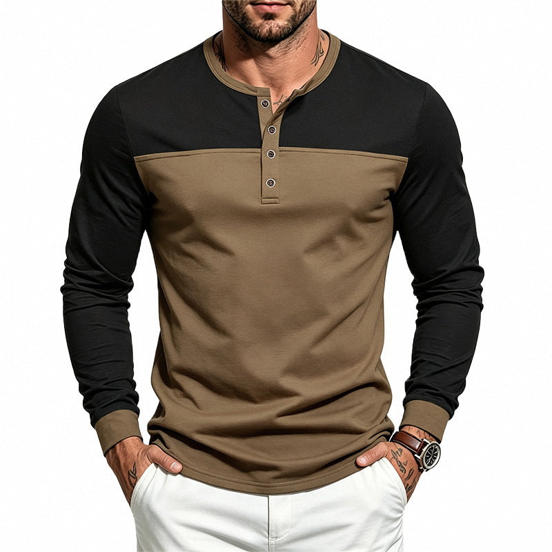 Herren Slim-Fit Henley-Langarmshirt mit Kontrastpaneel und Metallknopfleiste Shop Nory