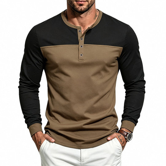 Herren Slim-Fit Henley-Langarmshirt mit Kontrastpaneel und Metallknopfleiste Shop Nory