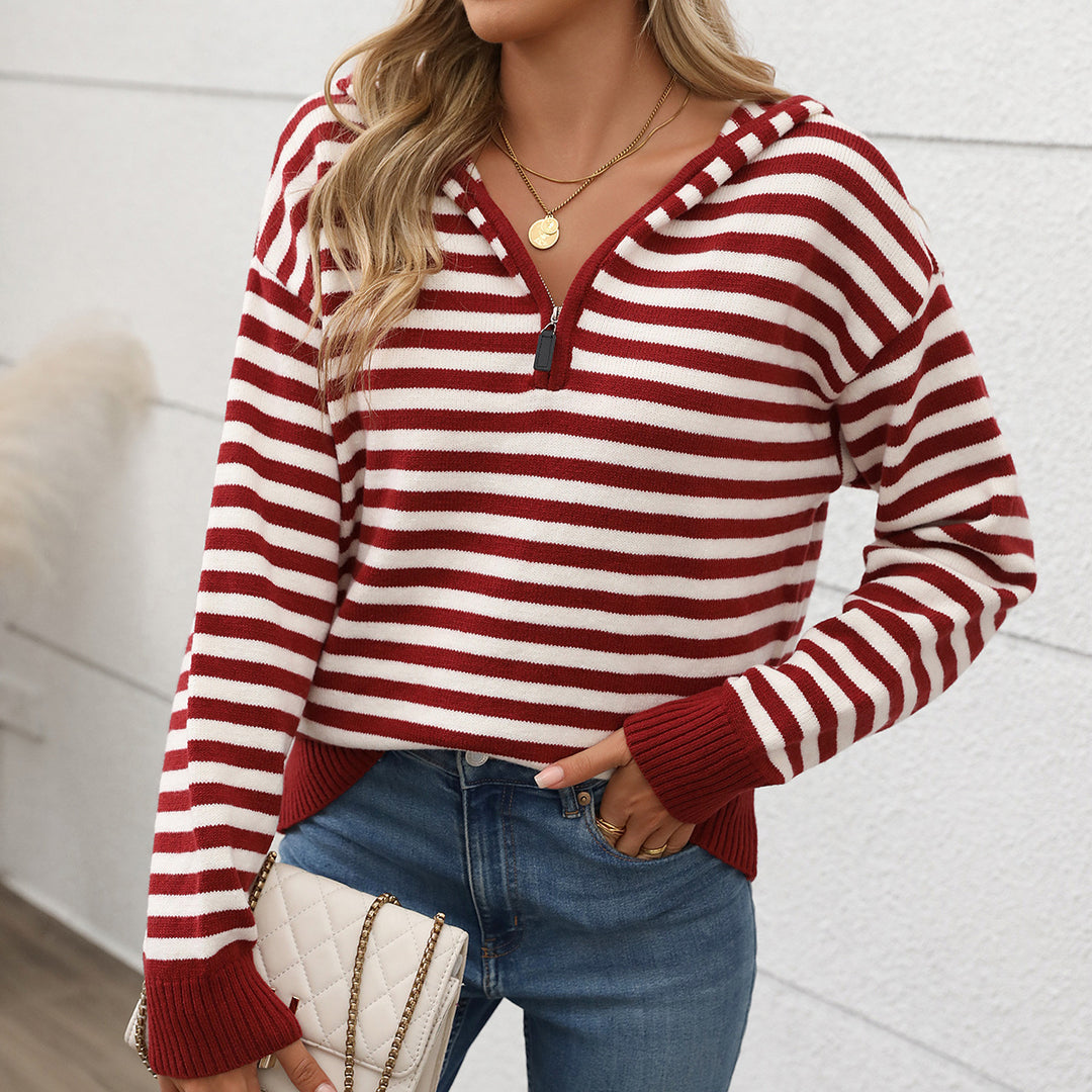 Damen Modischer Strickpullover mit Kapuze und halbem Reißverschluss Shop Nory