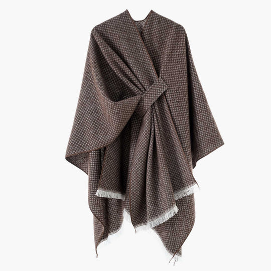 Damen Kastenförmiger Wickelponcho aus Wollmix mit Hahnentritt und Fransensaum Shop Nory