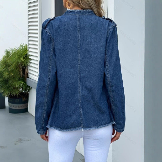 Damen taillierte Denim-Jacke mit Fransenrand und dekorativer Knopfleiste Shop Nory