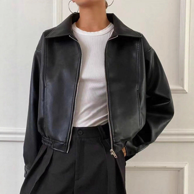 Damen Oversized Lederjacke im Bomberstil mit elastischem Saum Shop Nory