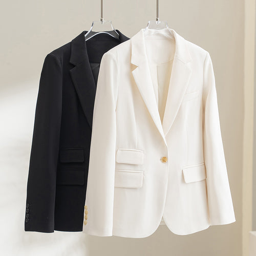 Damen taillierter Ein-Knopf-Blazer mit Reverskragen und Pattentaschen Shop Nory