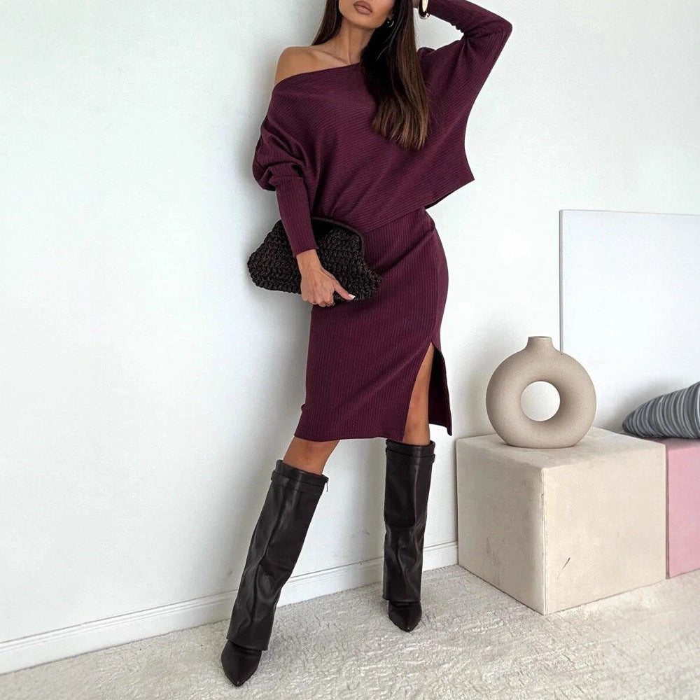 Damen Zweisitiges geripptes Strick-Set mit Off-Shoulder-Oversize-Pullover und tailliertem Midirock mit Seitenschlitz Shop Nory