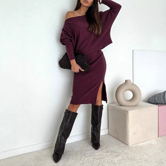 Damen Zweisitiges geripptes Strick-Set mit Off-Shoulder-Oversize-Pullover und tailliertem Midirock mit Seitenschlitz Shop Nory