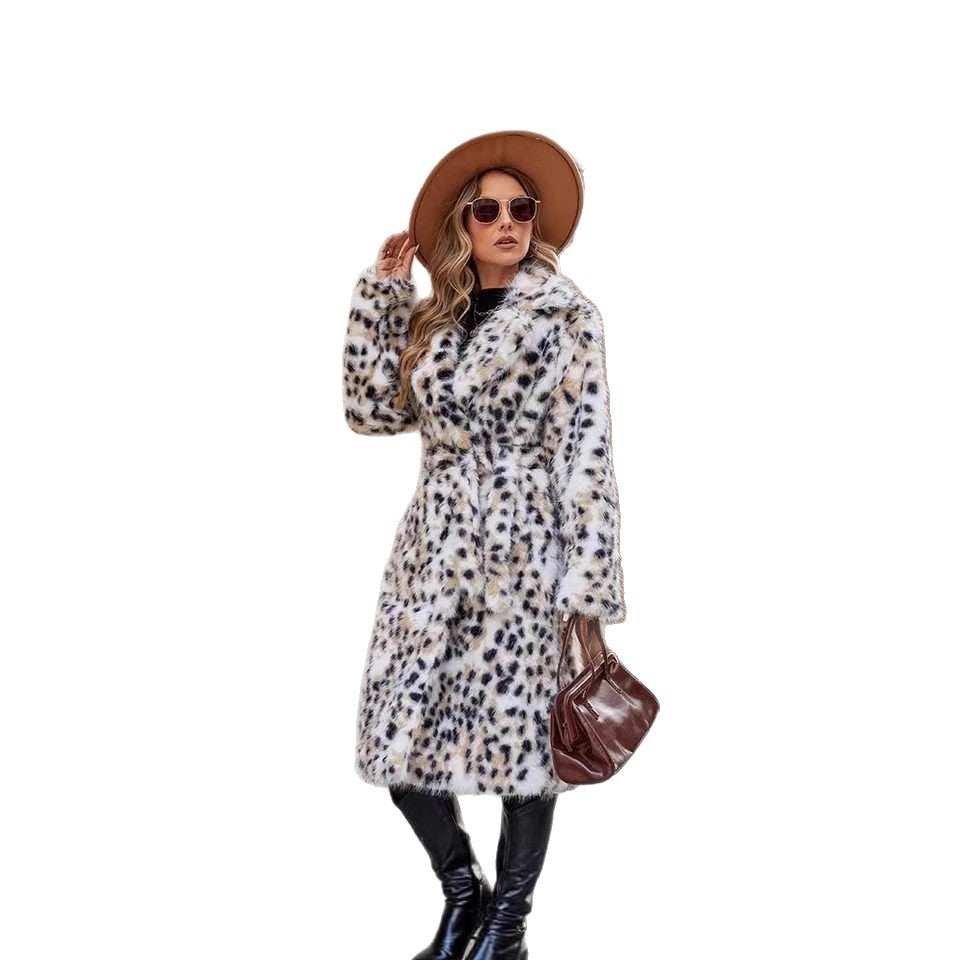 Damen Midi-Kunstpelzmantel mit Leopardenprint, tailliertem Bindegürtel und Schalkragen Shop Nory