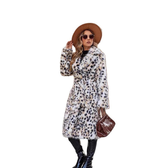 Damen Midi-Kunstpelzmantel mit Leopardenprint, tailliertem Bindegürtel und Schalkragen Shop Nory