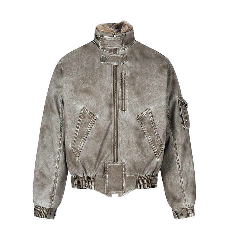 Herren wattierte Pilotjacke im Bomberstil mit hohem Kragen, Kunstfellbesatz und Taillengürtel Shop Nory