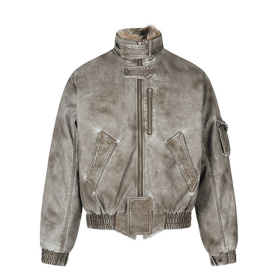 Herren wattierte Pilotjacke im Bomberstil mit hohem Kragen, Kunstfellbesatz und Taillengürtel Shop Nory