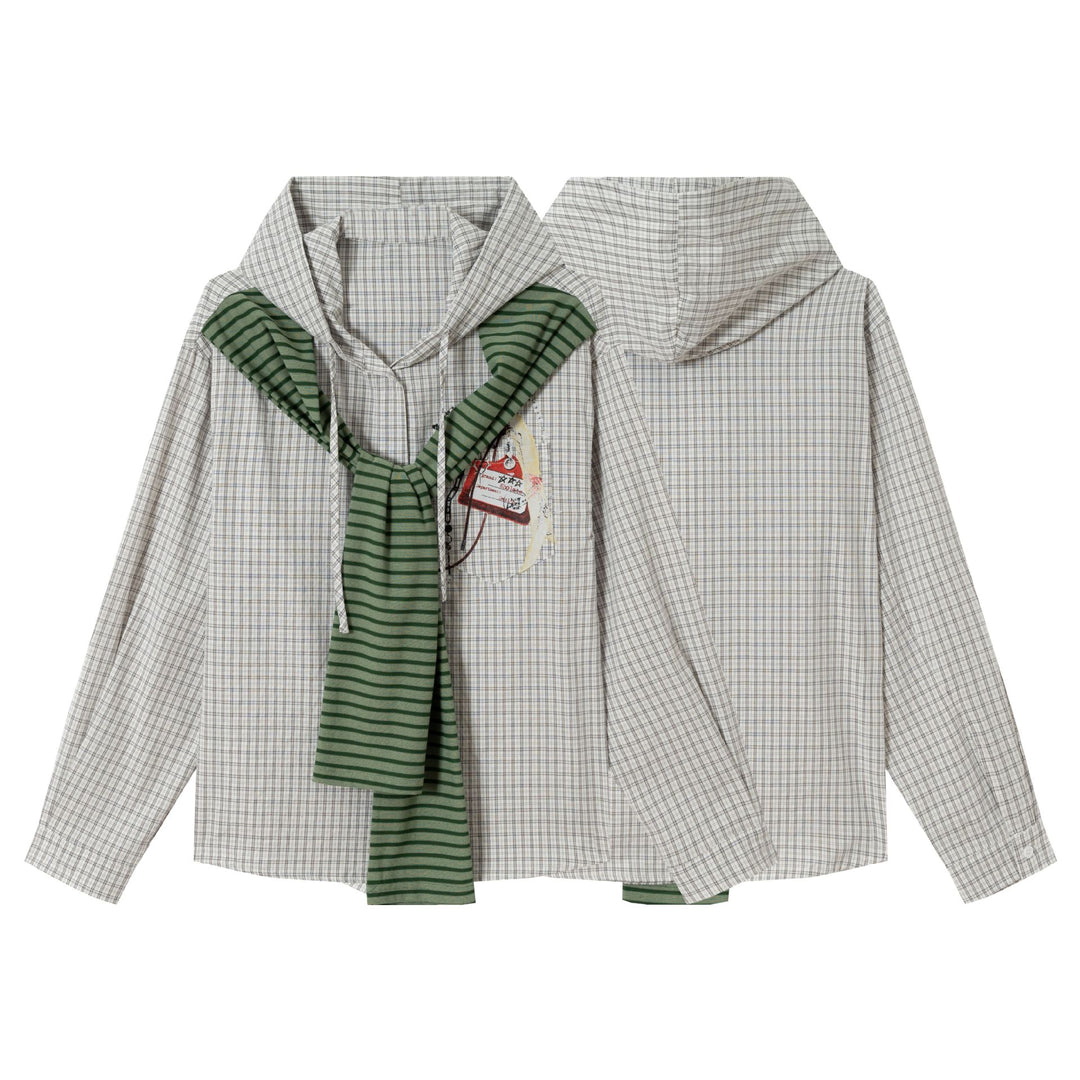 Damen Oversize Hemdjacke mit Kapuze, angenähtem Strickschal und Brustpatch Shop Nory