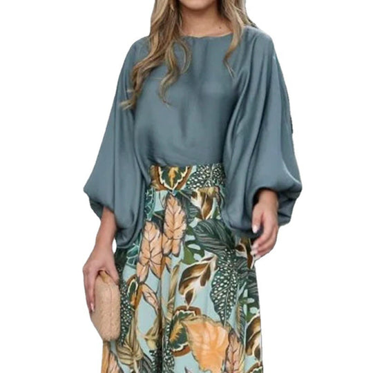 Damen Zweiteiler-Set aus Bluse mit Ballonärmeln und High-Waist Palazzo-Hose Shop Nory