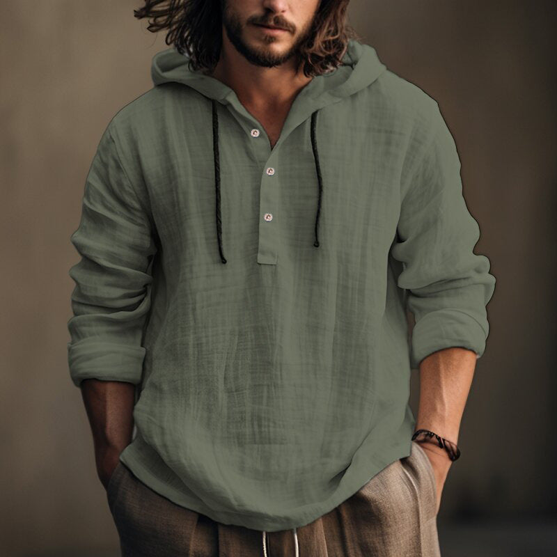 Herren lässige Kapuzenbluse mit Knopfleiste aus hochwertigem Leinen