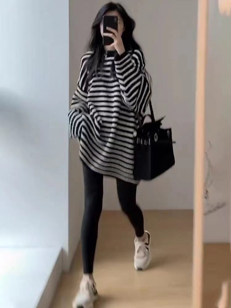 Damen Oversize Strick-Longpullover mit horizontaler Streifenstruktur Shop Nory