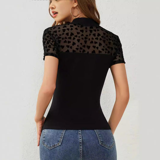 Damen nan figurbetonter Body mit transparentem Herz-Mesh und Stehkragen
