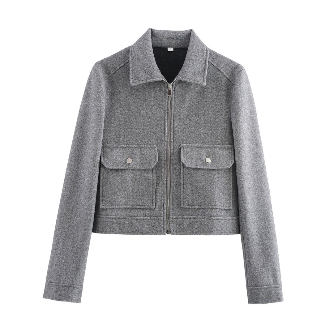 Damen Kurz geschnittene Wollmix-Jacke mit Hemdkragen, Reißverschluss und aufgesetzten Klappentaschen Shop Nory