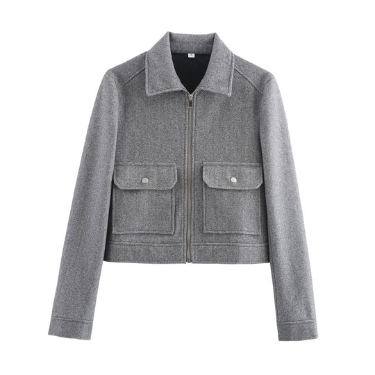 Damen Kurz geschnittene Wollmix-Jacke mit Hemdkragen, Reißverschluss und aufgesetzten Klappentaschen Shop Nory