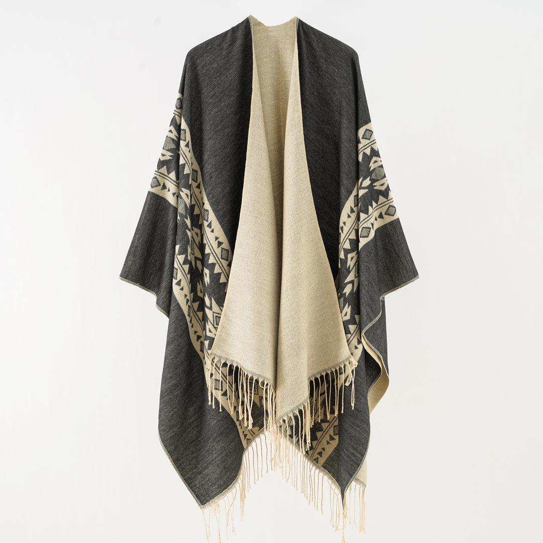 Damen Oversize-Poncho mit Fransen und Jacquardmuster Shop Nory