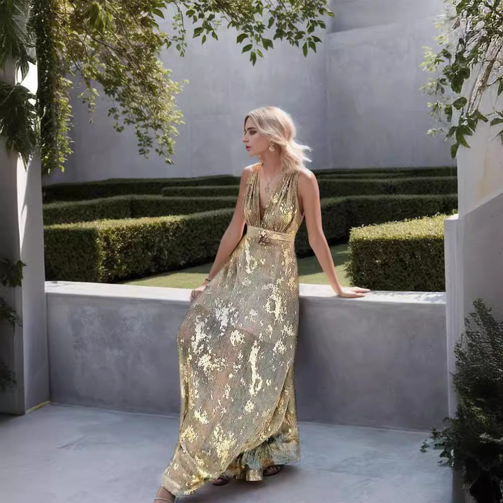 Damen Elegantes Maxi-Kleid mit filigranem Goldmuster und V-Ausschnitt