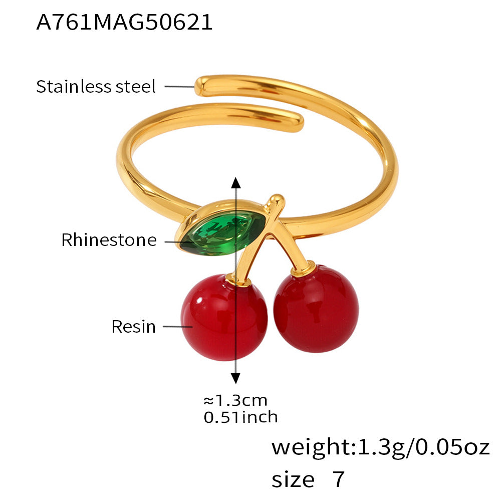 Damen Offener Ring mit Kirschmotiv aus hochwertigem Edelstahl und funkelnden Strasssteinen Shop Nory