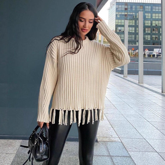 Damen lässiger Rippstrick-Pullover mit Fransen-Saum und Oversize-Silhouette Shop Nory