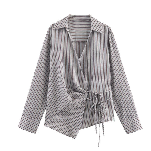 Damen Asymmetrische Wickelbluse mit Hemdkragen, seitlicher Schnürung und langen Manschettenärmeln Shop Nory