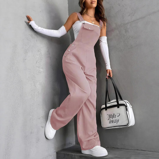 Damen nan weite Latzhose mit seitlichen Zierknöpfen, Brusttasche und weitem Bein Shop Nory