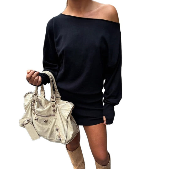 Damen Oversized schulterfreies Feinstrick-Set mit Longsleeve-Pullover und tailliertem Minirock Shop Nory