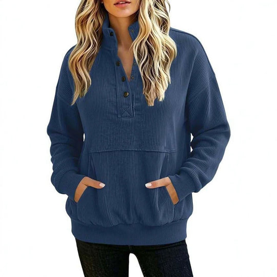 Damen gerippter Henley-Pullover mit Stehkragen und Kängurutasche Shop Nory