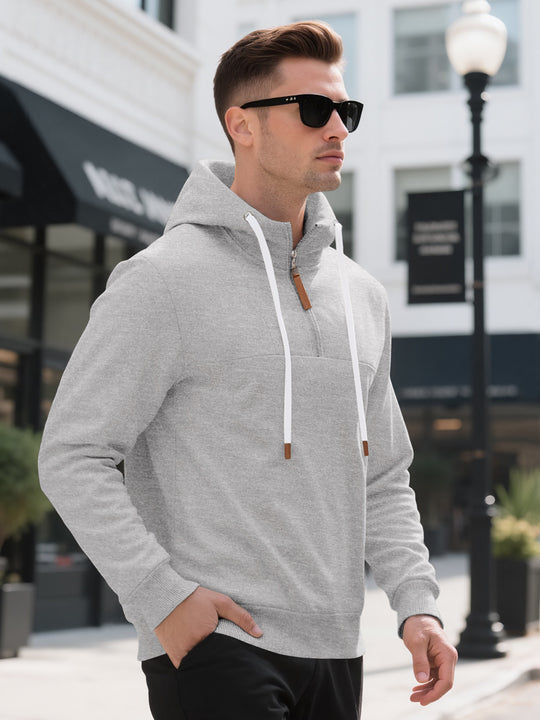Herren Halbzip-Kapuzenpullover mit Stehkragen, Kordelzug und Lederdetails Shop Nory