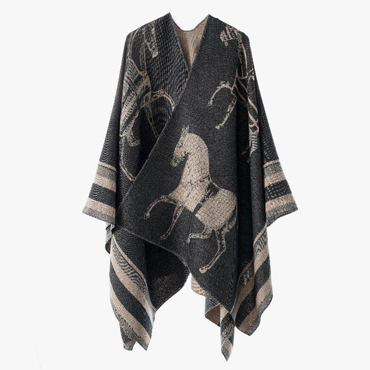 Damen Jacquard-Poncho-Überwurf mit Pferde-Motiv und kastiger Kimono-Silhouette Shop Nory