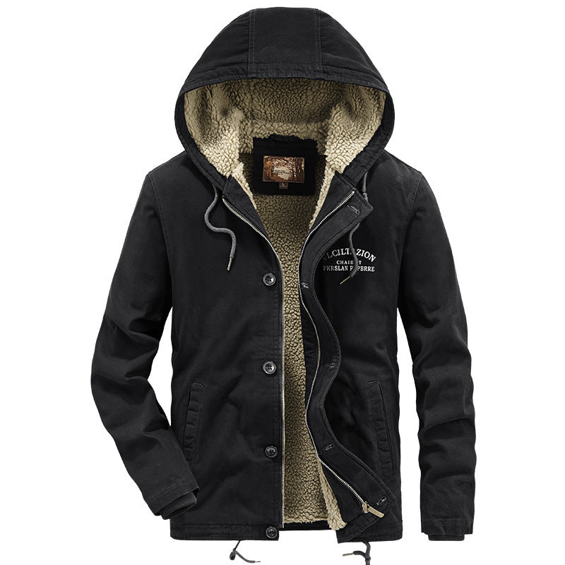 Herren Canvas-Kapuzenjacke mit durchgehendem Teddyfutter, Zwei-Wege-Reißverschluss und Kordzugsaum Shop Nory