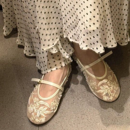 Damen Ballerinas mit floralem Stickereibesatz