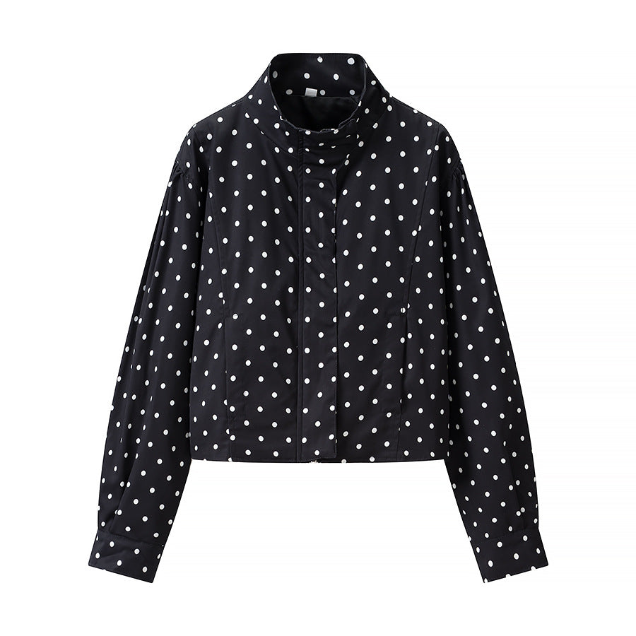 Damen Gepunktete Kurzjacke mit Stehkragen und verdeckter Druckknopfleiste Shop Nory