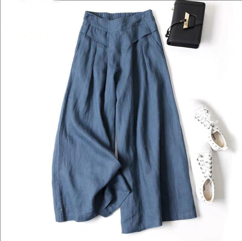 Damen Weit geschnittene Leinenhose mit hohem Bund und eleganten Falten