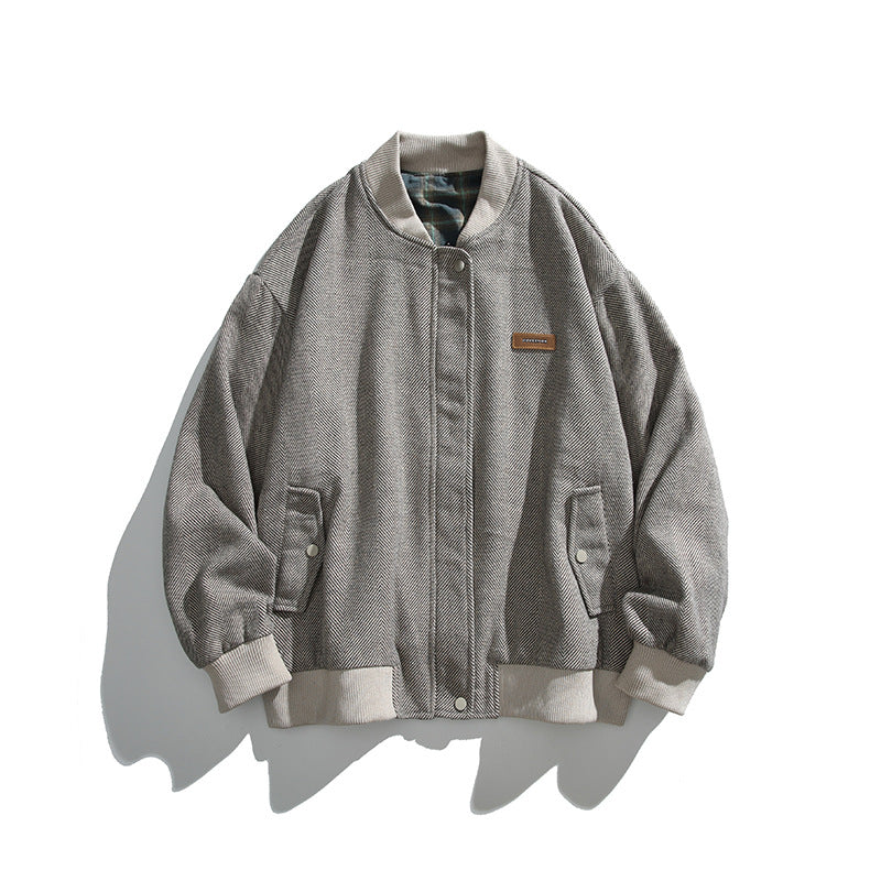 Unisex Boxy-Bomberjacke im Fischgrät-Look mit Rippbündchen, Pattentaschen und verdeckter Druckknopfblende Shop Nory