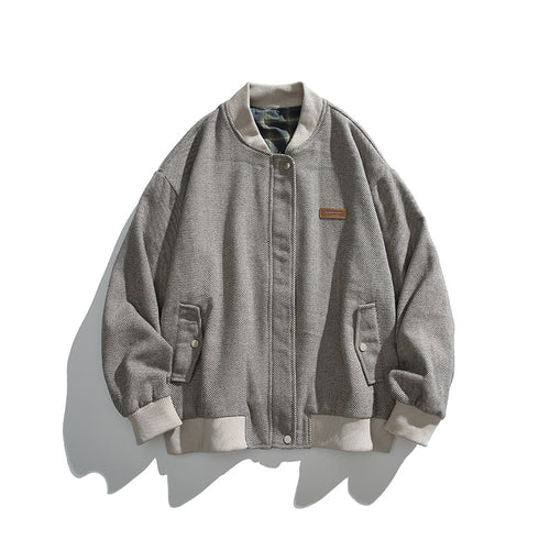 Unisex Boxy-Bomberjacke im Fischgrät-Look mit Rippbündchen, Pattentaschen und verdeckter Druckknopfblende Shop Nory