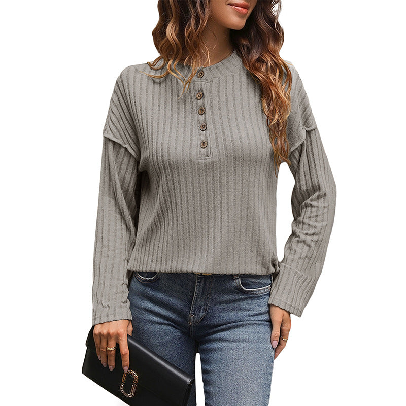 Damen Gerippter Henley-Pullover mit Knopfleiste und überschnittener Schulter Shop Nory