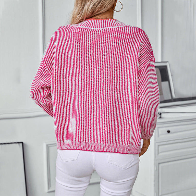 Damen Strickpullover mit V-Ausschnitt und gestreiftem Design Shopnory